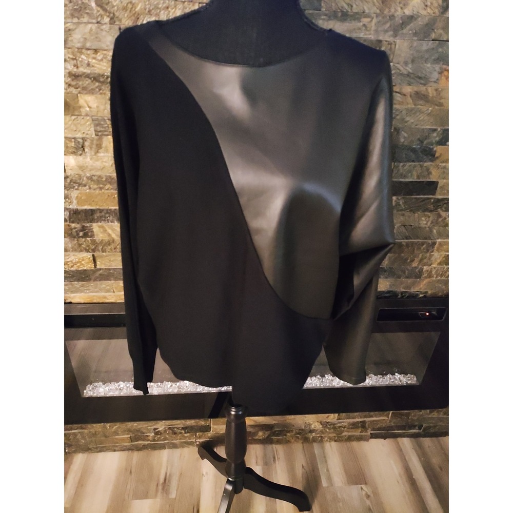 Siani Black Faux Leather And Knit Top Size L New With Tags Milano